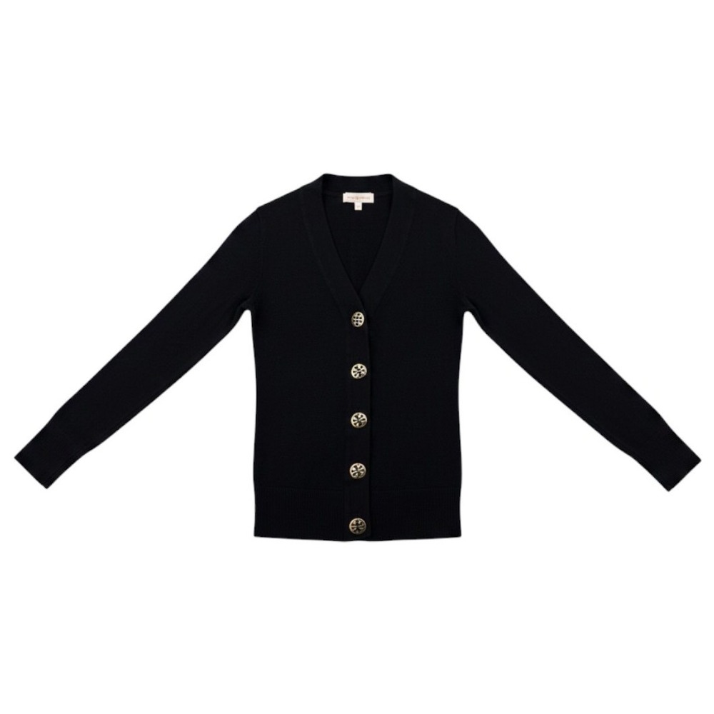 Tory Burch Simone Cardigan Womens S Black 100% Merino Wool Gold Logo Buttons